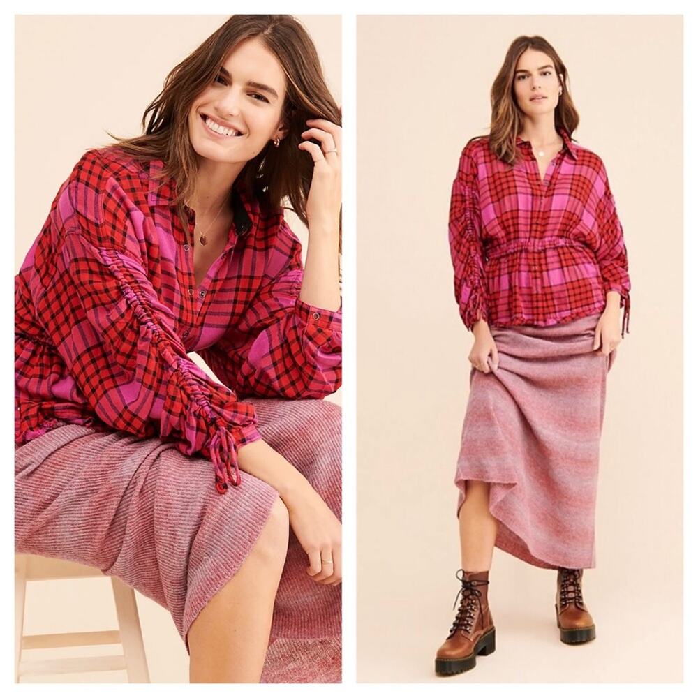 Free People Pacific Dawn Red Pink Drawstring Plaid Shirt Medium - Picture 2 of 14